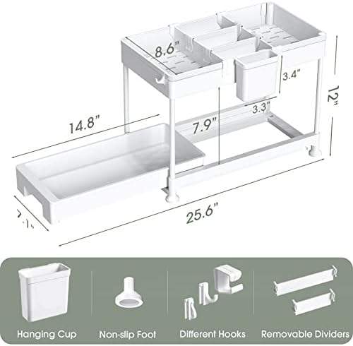 SPACEKEEPER Under Sink Storage Shelf,2 Tier Slide Out Under Cabinet Basket Drawer,Multi-Purpose Slim Organizer for Kitchen Bathroom,Bottom Slide Out Basket,40x22x31cm,White