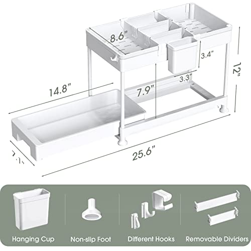 Spacekeeper Under Sink Organizer, Sliding Cabinet Basket Organizer 2 Tier Under Bathroom Storage Rack With Hooks, Hanging Cup, Dividers, Multi-Purpose Storage Shelf For Bathroom Kitchen, White #TOP2