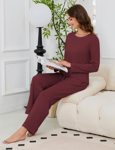 Image of KCW Womens Pajamas Sets 100% Cotton 2 Piece Lounge Set Long Sleeve Tops and Pants Soft Pjs Sleepwear with Pockets