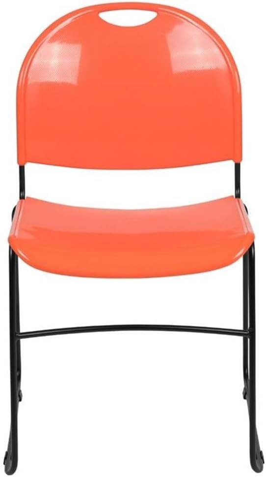 BOWERY HILL Plastic Carry Handle Stacking Chair, 32" H x 19" W x 21" D, Orange and Black Finish, Ergonomic Sled Base, Durable Metal Frame, Stackable Up to 35, Office, Classroom, or Conference Seating