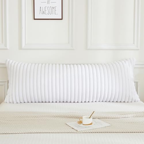 JAUXIO Faux Fur Fluffy Body Pillow Cover Luxury Textured Vertical Stripe Plush Decorative Body Pillowcase, Ultra Soft and Cozy Zipper Closure 21 x 54 Inches, White by JAUXIO - Used condition - Image 2