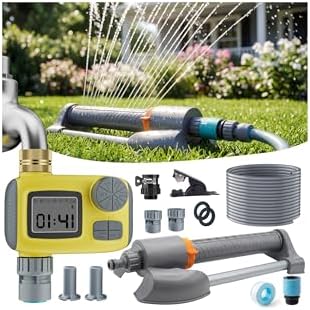 3 in 1 Smart Oscillating Sprinkler System with Timer, 3000 Sq.Ft Lawn Irrigation Kit, 360° Sprinkler, 33FT 5/8" Anti-Kink Hose, Solid Brass Connector for Yard, Lawn, Garden, Raised Bed, Outdoor
