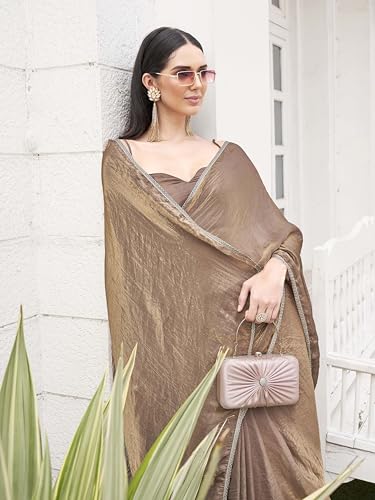 Image of Womanista Women's Ready to wear Two tone camel brown and gold colored saree with embellished lace(TI7074 Camel Brown Onesize)