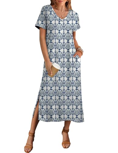 Image of Zeagoo Women Summer Floral Dress Short Sleeve Beach Dress with Pockets Casual V-Neck Split Long T-Shirt Dress Travel Vacation