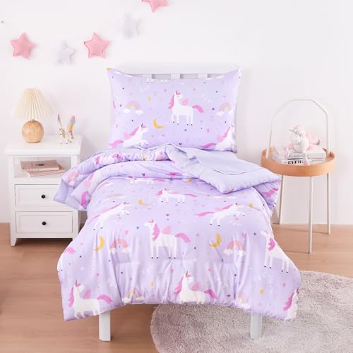 Wake In Cloud - Toddler Bedding Set for Girls, Cute Unicorn Rainbow Stars, 4 Pieces Soft Crib Bed Set Including Comforter, Sheets and Pillowcase, Purple
