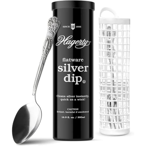 Image of Hagerty Flatware Silver Dip - Silverware Cleaner with Basket for Silver Forks, Knives, Spoons, and Plates, Removes Tarnish Effortlessly - Black, 16.9 Fl Oz Container (Pack of 6)
