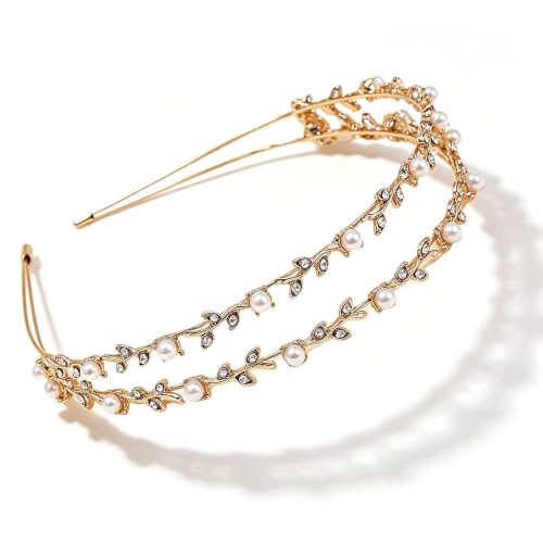 Image of KIPTVO Double Layer Pearl Rhinestone Headband, Gold Bridal Crystal Headband Wedding Hair Accessory for Women