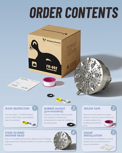 VMASSTONE High Pressure Shower Head with Filter for Hard Water - 20-Stage Filter & 7 Spray Modes for a Gentler Shower, Includes 2 Water-Saving Pause Modes (FM-002 Brushed Nickel) — view 6