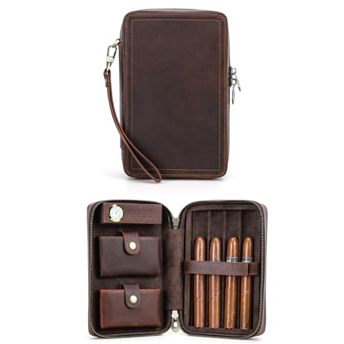 Hiram Cigarrfodral äkta läder cigarrhumidor för 4 cigaretter, bärbar cigarrlåda med cigarrskärare och tändarficka, multifunktionell cigarrväska med inbyggd luftfuktare och digital hygrometer