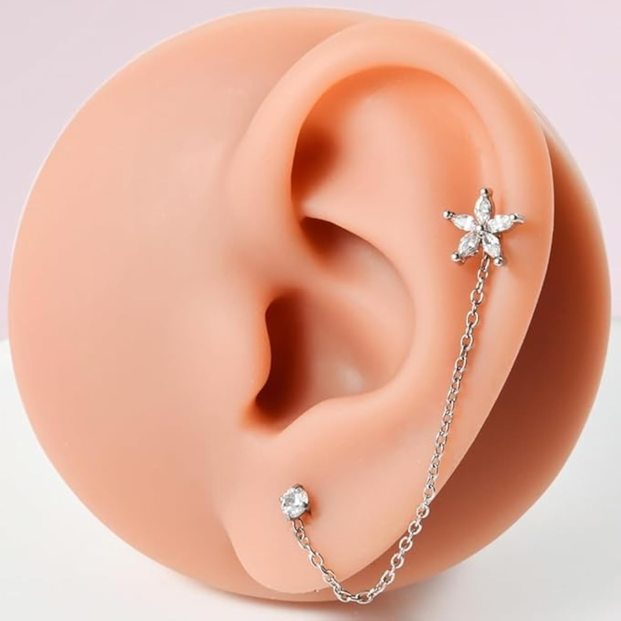 Flower Cartilage Chain Earring with CZ Crystals