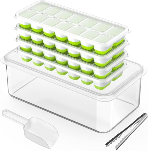 DOQAUS 4 Piezas Cubiteras para Hielo Silicona, Apilable Moldes Bandeja de Hielo con Tapa, Fácil Liberación 56 Piezas Hielo, Sin BPA, Hielo Hielera para Whisky, Cócteles, Alimentos Bebés (Verde)