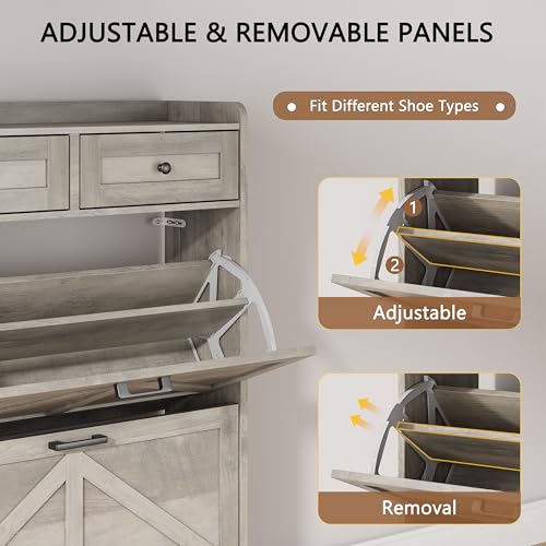 Image of Shoe Cabinet with 2 Flip Drawers & 2 Top Drawers, 43 inch Tall Freestanding Narrow Wooden Shoe Storage Organizer for Entryway, Hidden Slim Shoe Rack for Front Door Entrance, Hallway, Living Room, Grey