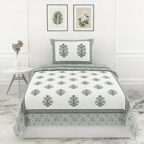 Image of elanorhomes 240 TC Pure 100% Cotton Single Bedsheet (60x90 Inches) with 1 Pillow Cover | Ultra-Soft, Breathable & Skin-Friendly | Lightweight & Durable, Green Fulwari Print
