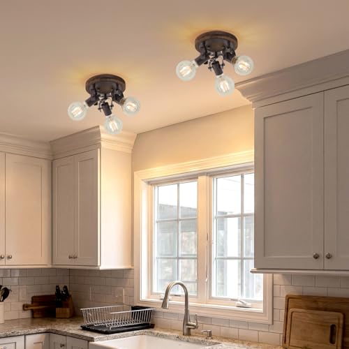 Image of 3-Light Rustic Track Lighting, Adjustable Flush Mount Ceiling Light with Espresso Wood Base, Dark Bronze Ceiling Track Light for Kitchen Island, Dining Room, Hallway, Entryway