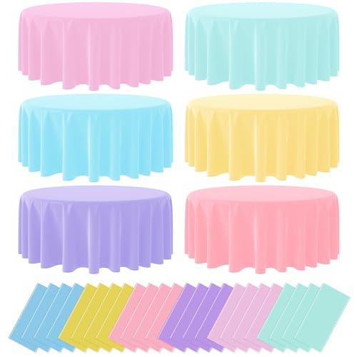 Image of 24Pack Round Pastel Color Tablecloths,Plastic Pastel Rainbow Tablecloth Disposable Round Table Covers for Baby Shower, Wedding,Girls Birthday Party and Ice Cream Party Decoration,6Color, 84 Inch