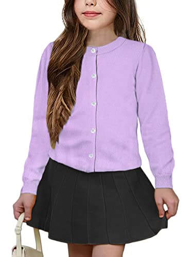 UELoop Mädchen-Strickjacke mit Rundhalsausschnitt [niedliche Blütenblatt-Knöpfe] Baumwolle Langarm Uniform Pullover für Size 9-10 9 10 Jahre Mädchen Lavendel Lila Violett