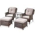 Patio Wicker Outdoor Furniture Set - 5 Piece Outside Rattan Conversation Bistro Dining Chair Sets with Resin Wicker Chairs Ottomans and Side Table for Porch Yard Balcony – Brown/Beige