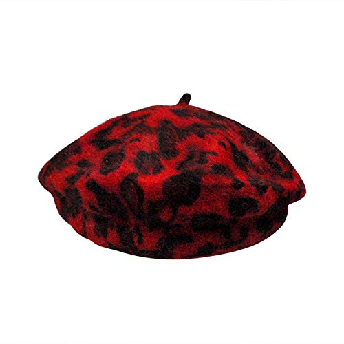 Women Vintage Leopard Print Wool Soft Winter Warm Beret Classic Beanie Newsboy Hat,Red