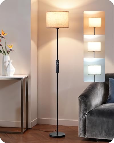 EDISHINE Dual Shades Floor Lamp with Foot Switch, Dimmable Floor Standing Lamp with 9W LED A19 Light Bulb, Remote Custom Color Temperature Pole for Living Room, Bedroom, Office, E26, Black