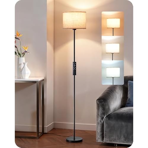 EDISHINE Upgraded Floor Lamps with 2 Lampshades, 63.7" Modern Standing Lamp with Foot Switch and Remote Control, Stepless Dimmable Minimalist Lamps for Bedroom, Office, (9W LED Bulb Included