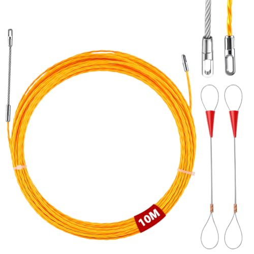 AOOSU Aiguille Electricien, 10m Tire Fils Electrique 3mm Diamètre avec 2 Tête Flexible de Guidage, Aiguille Passe Cable, Fish Tape Cable avec 2 Ressorts de Guidage pour la Pose de Câbles (Jaune)