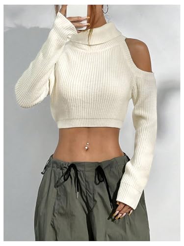Image of MakeMeChic Women's Turtleneck Cold Shoulder Sweater Long Sleeve Knit Crop Sweaters White Large