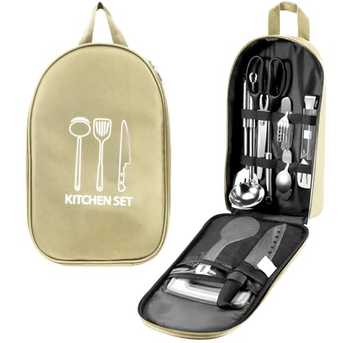 Casbomy Camp Kitchen Organizer, High-Capacity Camping Cooking Utensils Bag, Multi-Pocket Waterproof Portable Storage for Camp Kitchen Kit, Camping,BBQ (Grey)