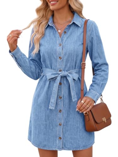 Wenrine Womens Long Sleeve Denim Dress Button Down Western Jean Shirt Dress
