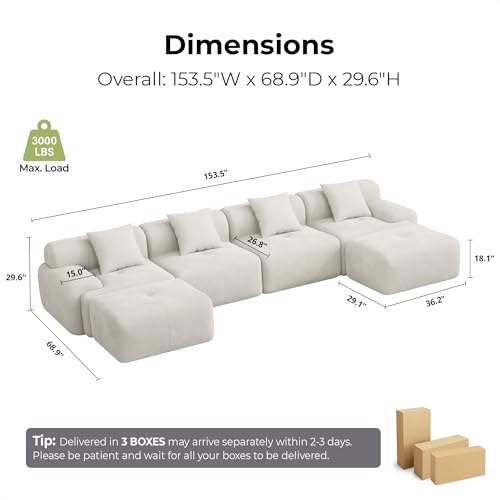 Image of LIKIMIO LumiCord 153.5 inch Tufted Modular Sectional Sofa, Modern U-Shaped Boneless Couch for Living Room, 26.8 inch Deep Seat, 18.1 inch High Seating, 15 inch Wide Armrest, Corduroy, Oatmeal Beige