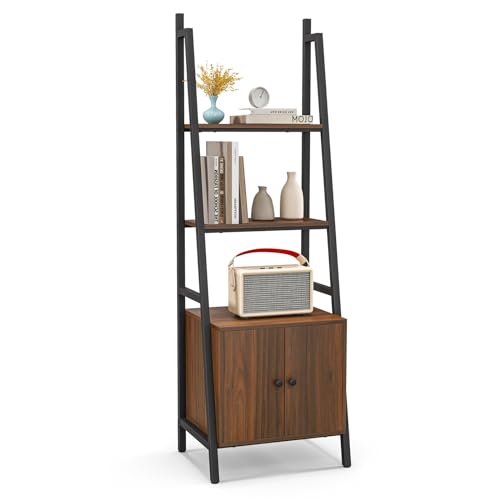 Tangkula 4-Tier Ladder Shelf with Cabinet, 63” Tall Bookshelf, Industrial Bookcase with Metal Frame, Floor Display Shelf Storage Rack for Living Room Study Home Office (1, Rustic Brown)