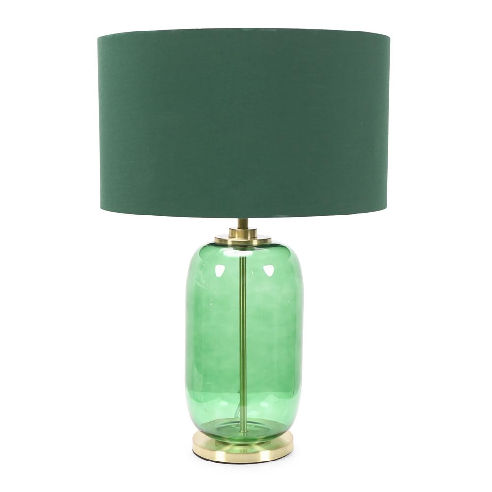 Valuelights Leigh Forest Green Glass And Gold Detail Table Lamp With Drum Shade LightLed Bulb Included from B&Q