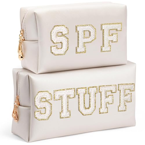 AsodSway Preppy Patch Cosmetic Bags - Summer 2P White STUFF SPF Chenille Letter Makeup Bag, PU leather Travel Toiletry Kit Portable Waterproof Pouch Zipper Clutch, Holiday Party Gifts for Women Girls