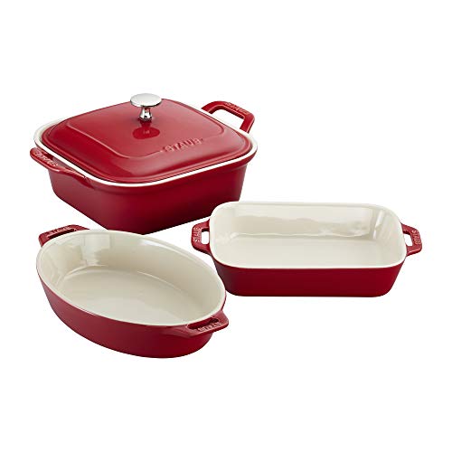 STAUB - STAUB Ceramic 4-pc Baking Pans Set, Casserole Dish with Lid, Brownie Pan, Cherry