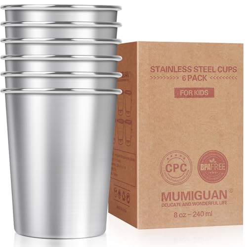 MUMIGUAN Stainless Steel Cups for Kids 7.8oz/230ml (6 Pack), Stainless Steel Tumbler, Kids Cups, Camping Stainless Steel Cups, Stackable Metal Drinking Glasses, BPA Free, Stackable, Durable.