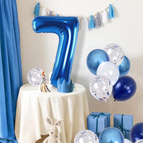 Image of 7 Balloon Number Dark Blue, Big Number 7 Mylar Balloon Pastel Navy Blue with Metallic Silver Confetti Balloon for Boys 7th Birthday, Foil 40'' Self Inflating Balloon 7 for Anniversary Party Decoration