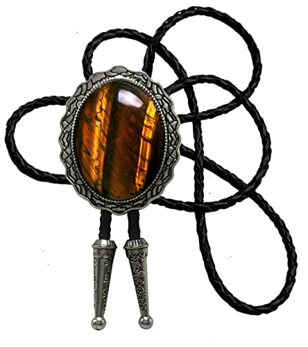 Image of Moranse Bolo Tie with Natural Tiger Eye Stone Celtic Style Genuine and Cowhide Rope