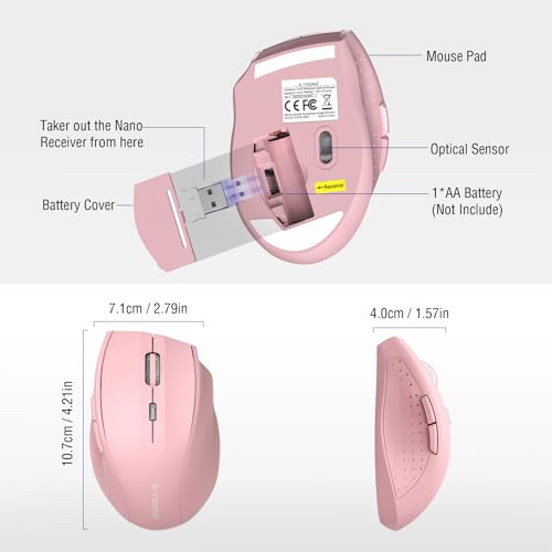 Image of E-YOOSO Wireless Mouse, Computer Mouse 18 Months Battery Life Cordless Mouse, 5-Level 4800 DPI, 6 Button Ergo Wireless Mice, 2.4G Portable USB Wireless Mouse for Laptop, Mac, Chromebook, PC(Pink)