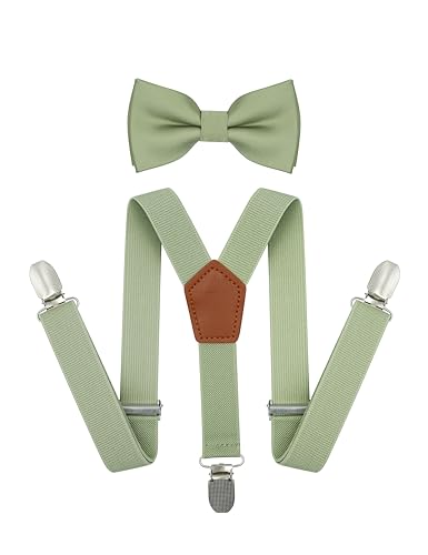 BEWDIO Sage Green Baby Suspenders and Bow Tie for Boys, Bowtie and Elastic Suspenders with 4 Strong Metal Clips (71-12)