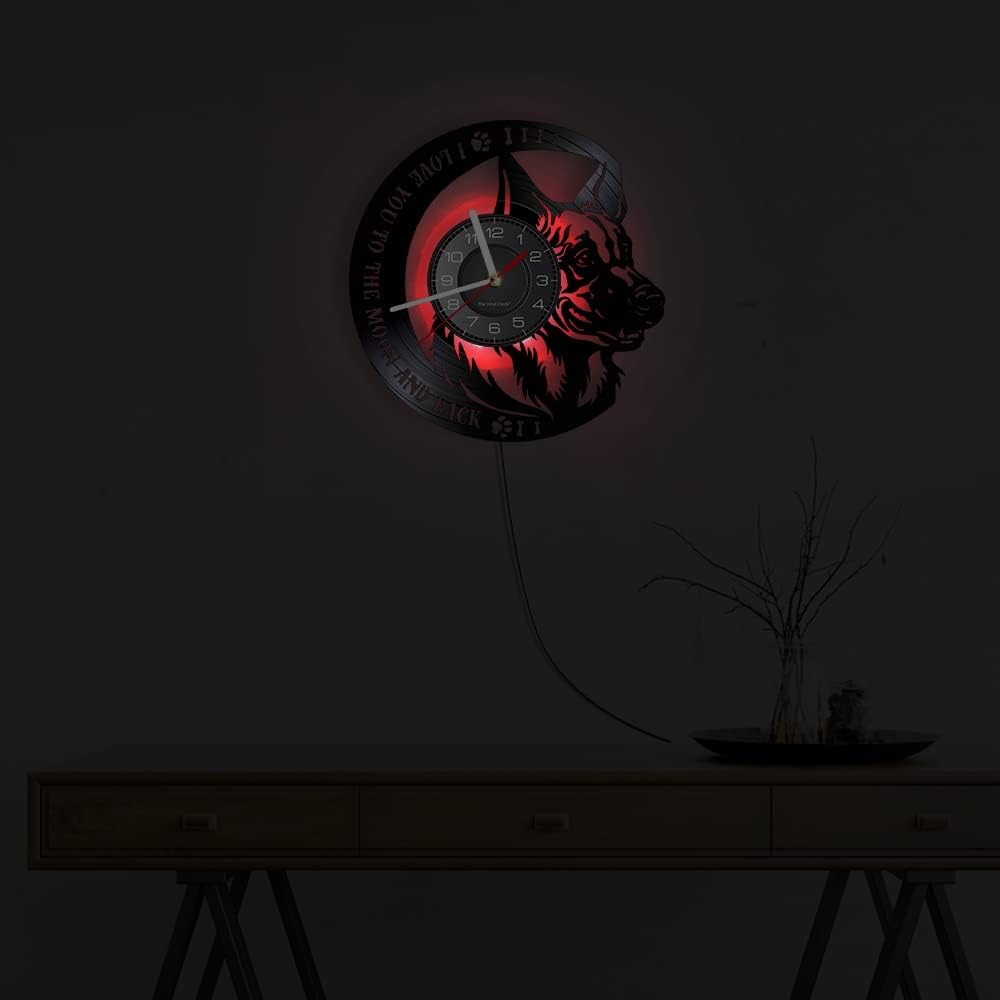 I Love You to The Moon and Back German Shepherd Inspirational Quote Vinyl Record Wall Clock with 7 Colors LED German Shepherd Dog Owen Vinyl LP Wall Clock Gift Idea Bedroom Living Room 12''