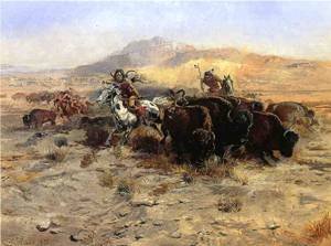 Peinture à l'huile Buffalo Hunt par C.M. Russell, reproduction sur toile de 20x24 pouces