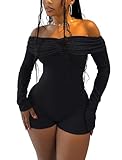chicyes Women's Sexy One Piece Jumpsuits For Women Shorts Long Sleeve Off The Shoulder Bodysuit Onesie Bodycon Rompers Overall Black