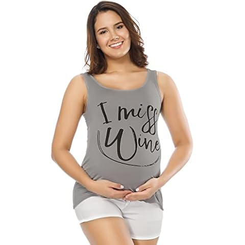 VSNOW Funny Maternity Announcement Tank Tops Shirts Ruched Sleeveless I Miss Wine Pregnancy Clothes Cover