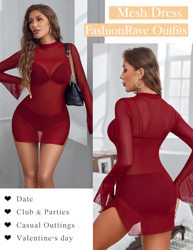 Image of Avidlove Mesh Mini Dresses for Women Bell Sleeves Bodycon Turtle Neck Split Lingerie Dress Vacation Party Outfits Clubwear