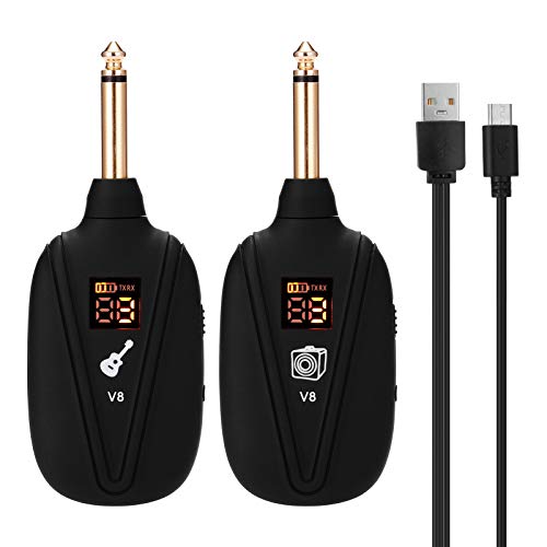 Queenser Sistema de guitarra sem fio V-8 recarregável de 4 canais transmissor de guitarra conjunto r