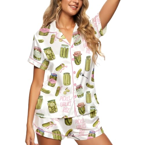 HUNTFAMI Silky Short Satin Pajamas For Women 2 Pieces Comfy Sleepwear Pajama gift in Summer Night Pickle