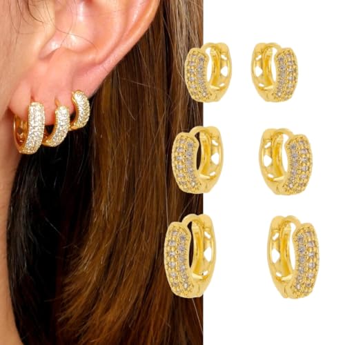 Trio De Brincos Argolas De Click Cravejadas Folheadas