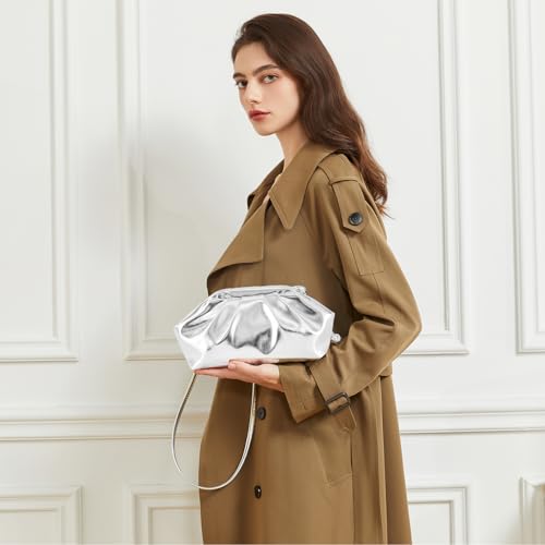 Image of BRYCTSISEN Pleated Evening Vegan Leather Clutch Handbag Purse Metallic PU Cloud Shoulder Bag for Women Evening Purse Handbag