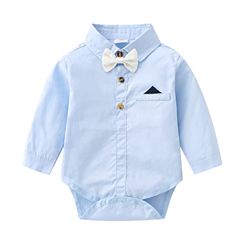 Baby Toddler Boys Long Sleeves Button Down Shirt with Bow Tie,6-9 Months Blue