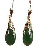 Vintage Genuine 14K GF Green Jadeite Jade Teardrop Leverback Earrings AA