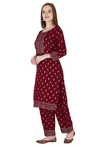 Image of Women's Rayon Printed Kurta with Palazzo Set (Small, Maroon Palazzo Set)